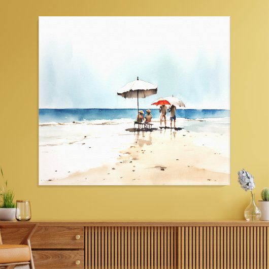 Strandtafereel met mensen en paraplu's aan het wat canvas afdruk (Insitu (Woonkamer))