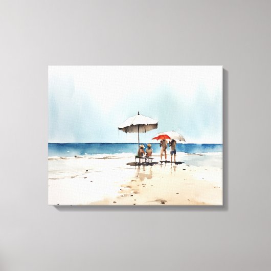 Strandtafereel met mensen en paraplu's aan het wat canvas afdruk (Voorkant)