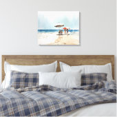Strandtafereel met mensen en paraplu's aan het wat canvas afdruk (Insitu (Slaapkamer))