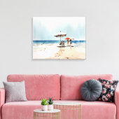 Strandtafereel met mensen en paraplu's aan het wat canvas afdruk (Insitu (Woonkamer))