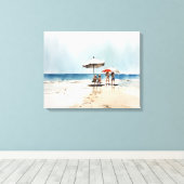 Strandtafereel met mensen en paraplu's aan het wat canvas afdruk (Insitu (Houten vloer))