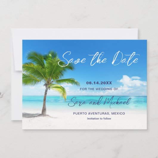 Strandtafereel met Palm Tree Wedding Save the Date (Voorkant)
