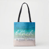 Strandtas zee en zand met tekst tote bag (Voorkant)