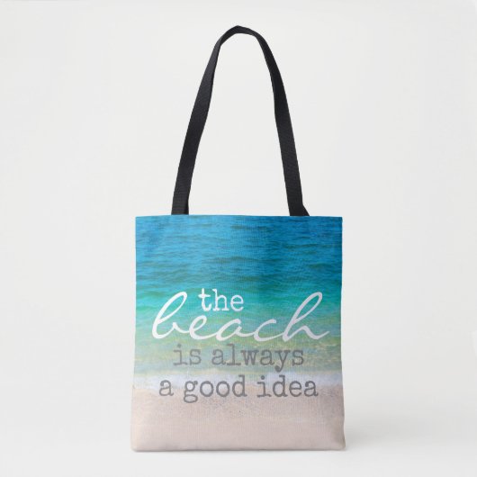 Strandtas zee en zand met tekst tote bag (Voorkant)