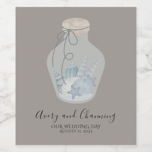 Strandthema "Onze trouwdag" met schelpen Wijn Etiket (Enkel label)