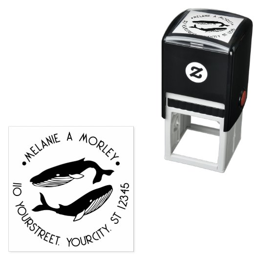 Strandthema rond naam retouradres Blauwe Walvissen Zelfinktende Stempel (In situ)