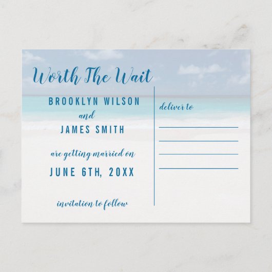 Strandthema 'Waardig Uw Wachttijd' Save The Date Aankondigingskaart (Achterkant)