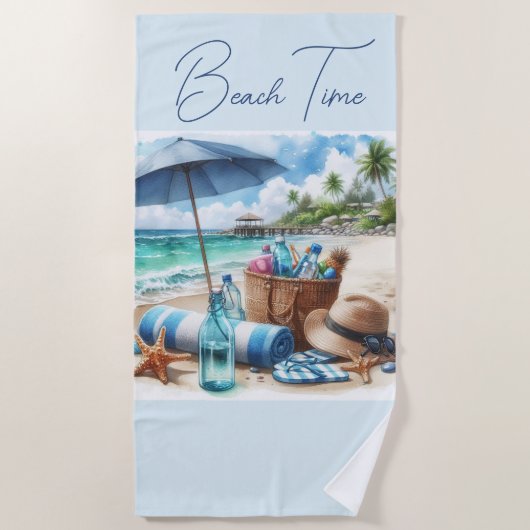 Strandtijd Blauwe Strandhanddoek Strandlaken (Voorkant)
