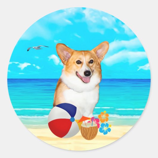 Strandtijd Corgi Ronde Sticker (Voorkant)