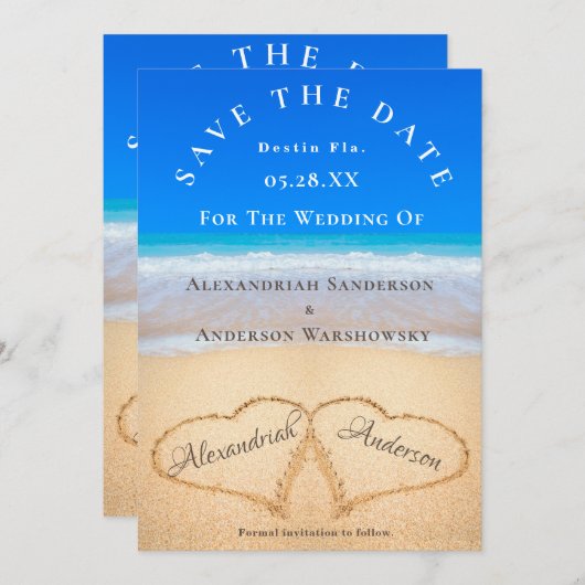 Strandtrouw 2 Harten in het Zand  Save the Date Kaart (Voorkant / Achterkant)