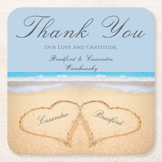 Strandtrouw 2 Harten in het Zand Trouwpapier Kartonnen Onderzetters (Voorkant)