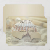 Strandtrouw, zeeschelp, houten harten RSVP Kaart (Voorkant / Achterkant)