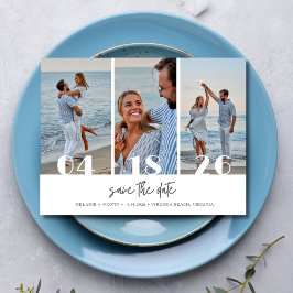 Strandtrouwfoto met drie foto's Save the Date Aankondigingskaart