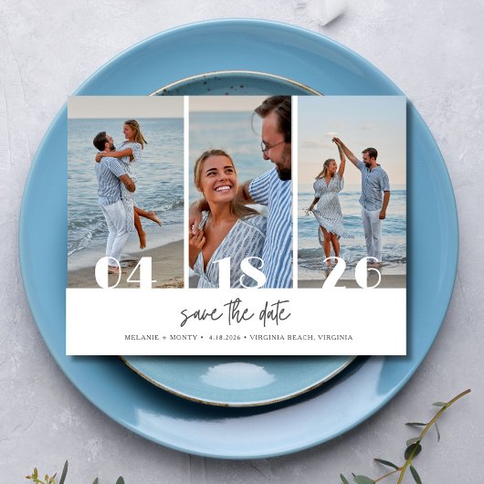 Strandtrouwfoto met drie foto's Save the Date Aankondigingskaart