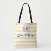 Strandvibes geel wit streep kustmonogram tote bag (Voorkant)