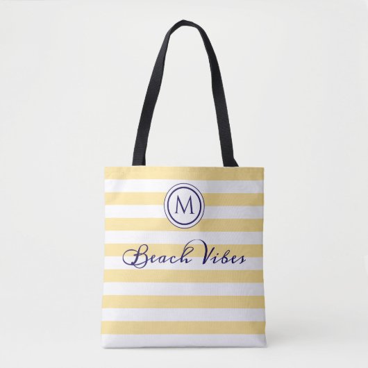 Strandvibes geel wit streep kustmonogram tote bag (Voorkant)