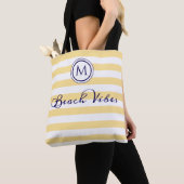Strandvibes geel wit streep kustmonogram tote bag (Dichtbij)