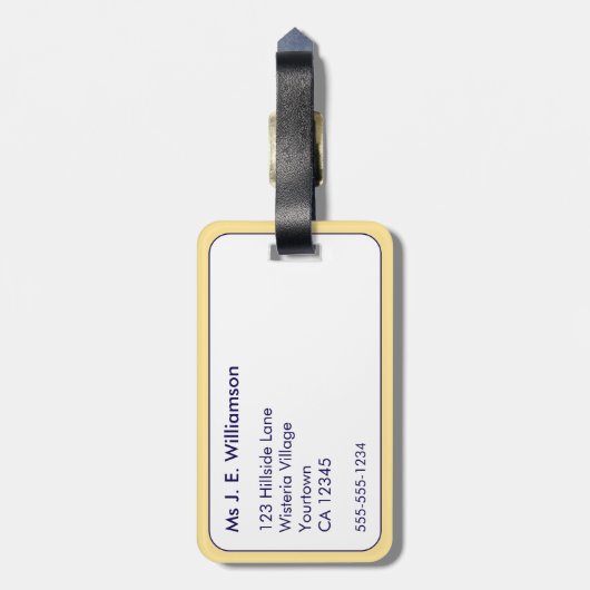 Strandvibes gestreept geel wit monogram bagagelabel (Achterkant verticaal)