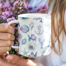 Strandvibes pastelkleuren zeedierenpatroon koffiemok