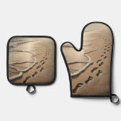 Strandvoetafdrukken met oceaanschuim ovenwant & pannenlap set (Voorkant)