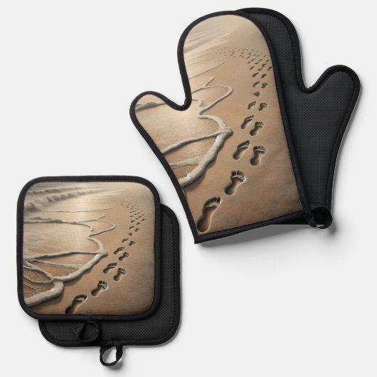 Strandvoetafdrukken met oceaanschuim ovenwant & pannenlap set (Voorkant / Achterkant)