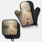 Strandvoetafdrukken met zonnestralen ovenwant & pannenlap set (Voorkant / Achterkant)