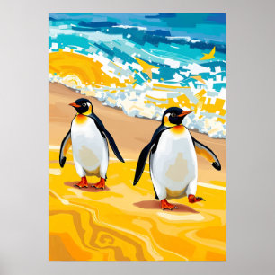 Strandwandelende pinguïns - levendige oceaankunst poster