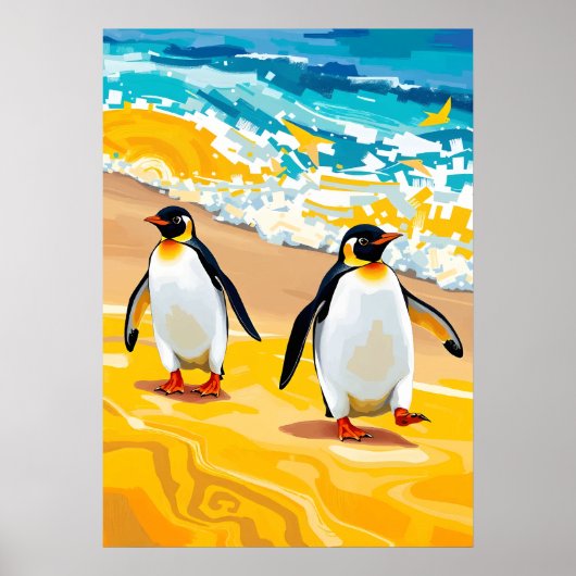Strandwandelende pinguïns - levendige oceaankunst poster (Voorkant)