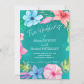Strandwater blauwe tropische bloemenkrans bruiloft kaart (Voorkant)