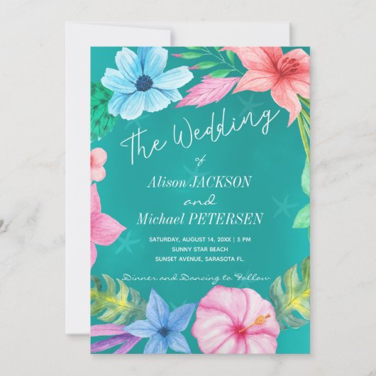 Strandwater blauwe tropische bloemenkrans bruiloft kaart (Voorkant)