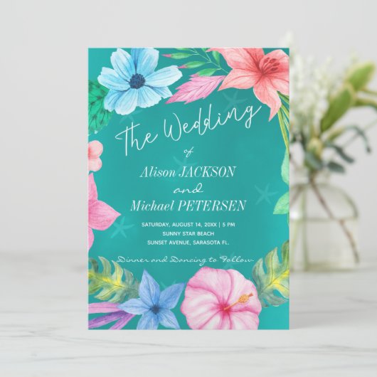 Strandwater blauwe tropische bloemenkrans bruiloft kaart (Staand voorkant)