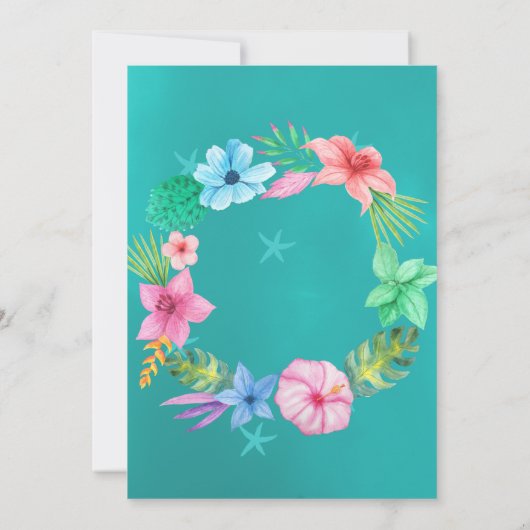 Strandwater blauwe tropische bloemenkrans bruiloft kaart (Achterkant)