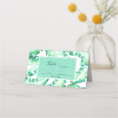 Strandwit en groene tropische bladeren tafel zitpl plaatskaartje (Achterkant)