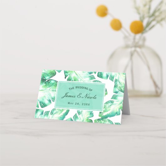 Strandwit en groene tropische bladeren tafel zitpl plaatskaartje (Voorkant)