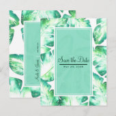 Strandwit & groene tropische bladeren save the dat aankondigingskaart (Voorkant / Achterkant)