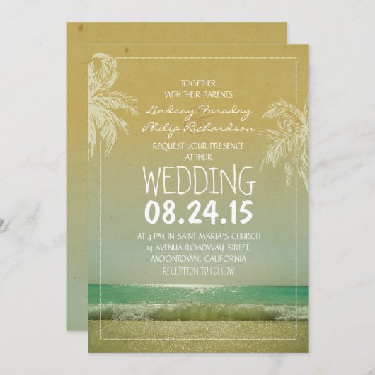 STRANDZAND zee Golven & Palmen huwelijksuitnodigin Kaart (Voorkant / Achterkant)