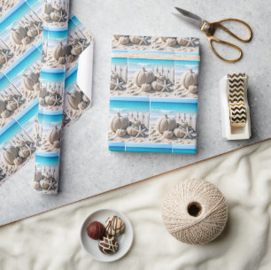 Strandzandpompoenen en zeesterren cadeaupapier