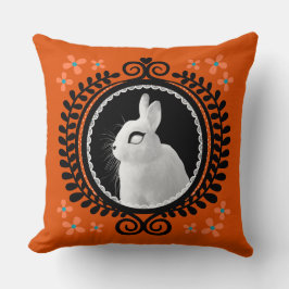 Strange White Bunny: Orange, Teal, & Black Kussen