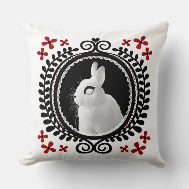 Strange White Bunny: White, Black & Red Throw Pill Kussen (Voorkant)