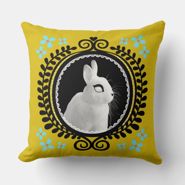 Strange White Bunny: Yellow, Black, & Light Blue  Kussen (Voorkant)