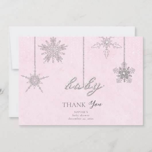 Strass Glitter Sneeuwvlokken Roze Winter Baby Bedankkaart (Voorkant)