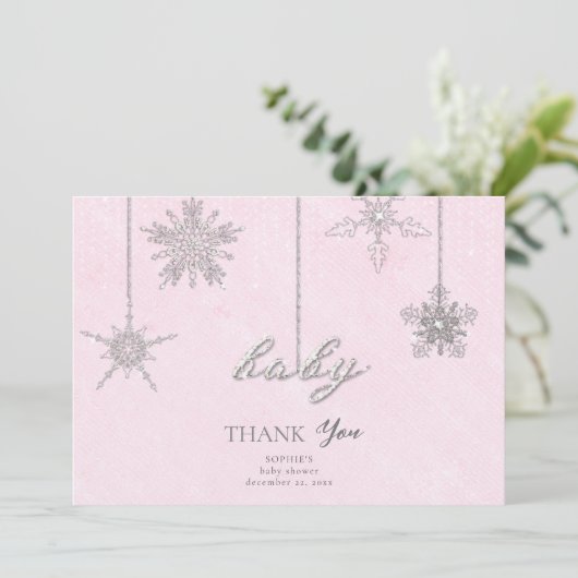 Strass Glitter Sneeuwvlokken Roze Winter Baby Bedankkaart (Staand voorkant)