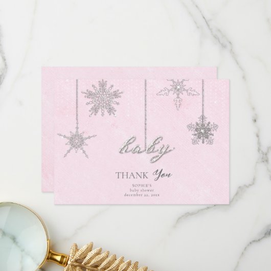 Strass Glitter Sneeuwvlokken Roze Winter Baby Bedankkaart (Voorkant / Achterkant in situ)