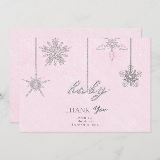Strass Glitter Sneeuwvlokken Roze Winter Baby Bedankkaart (Voorkant / Achterkant)