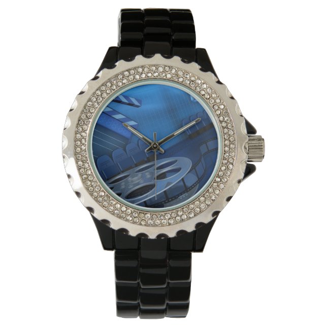 Strass met zwart emaille horloge Blauwe Film Reel (Voorkant)