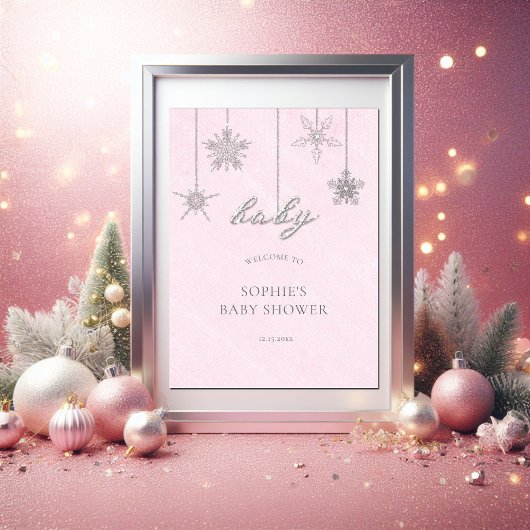 Strass Sneeuwvlokken Roze Baby shower Welkom Poster