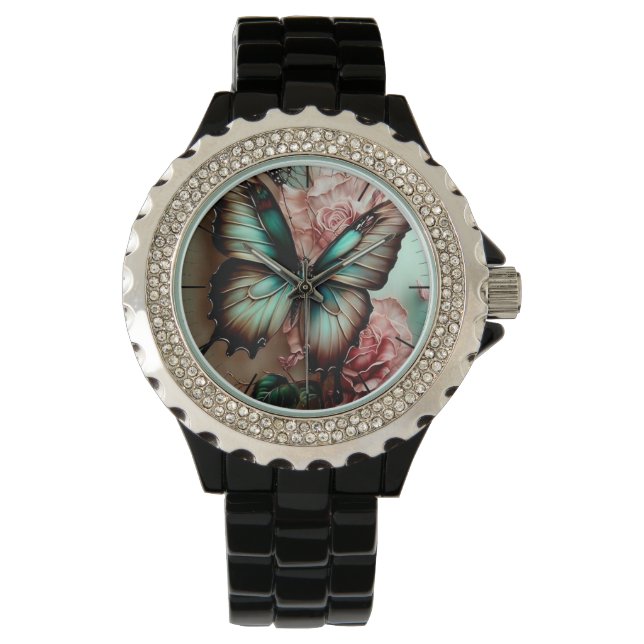 Strass vlinder en bloemen horloge (Voorkant)