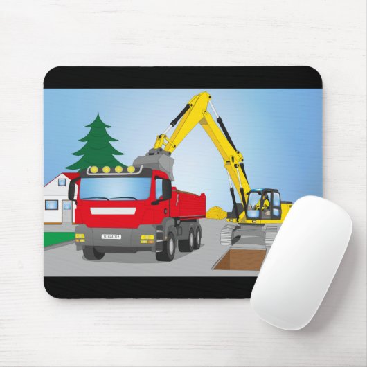 Straßenbaustelle mit rotem LKW und gelben Bagger Muismat (Met muis)