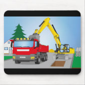 Straßenbaustelle mit rotem LKW und gelben Bagger Muismat (Voorkant)