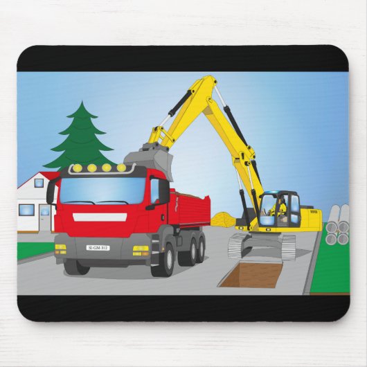 Straßenbaustelle mit rotem LKW und gelben Bagger Muismat (Voorkant)